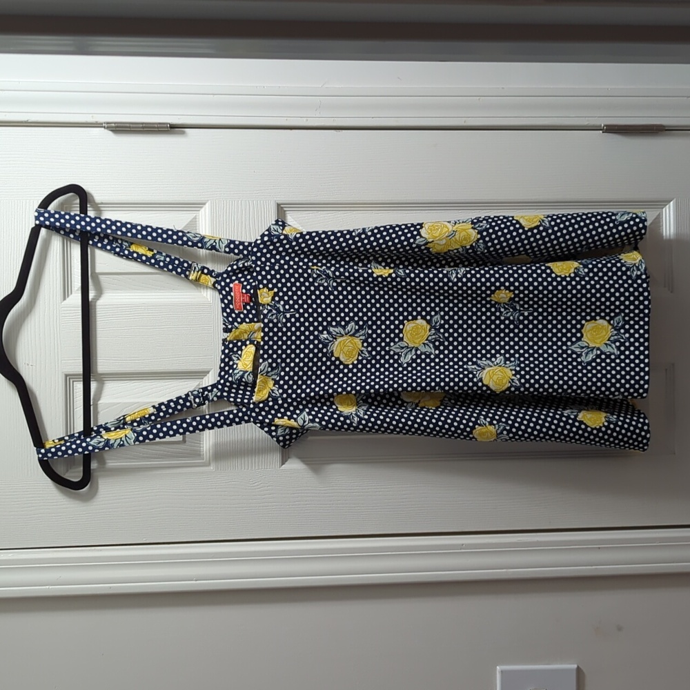 Modcloth Summertime Navy Blue Yellow Flower Mini Overall Dress